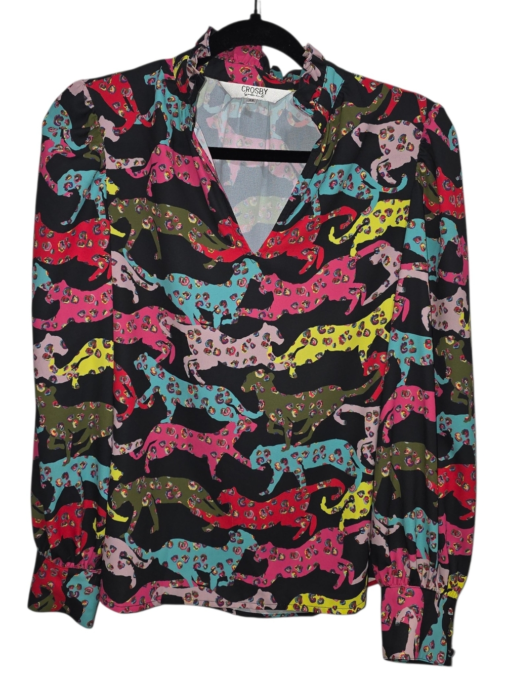Crosby by Mollie Burch XS Leopard Cheetah Print Ruffle Neck Blouse Top